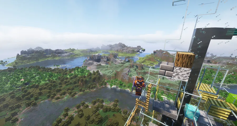 Blick von einem hohen Bauwerk auf die Landschaft einer früheren Infinitum-Welt